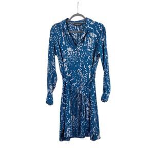 Sosandar Blue White Paint-Splatter Abstract Belted Shirt Mini Dress, US Size 8